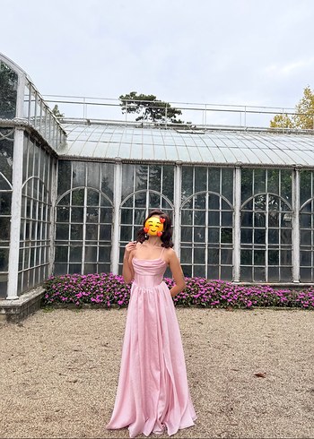 Pudra Pembe Uzun İnce Askılı Sırt Dekolteli Yırtmaçlı Abiye - Görsel 7