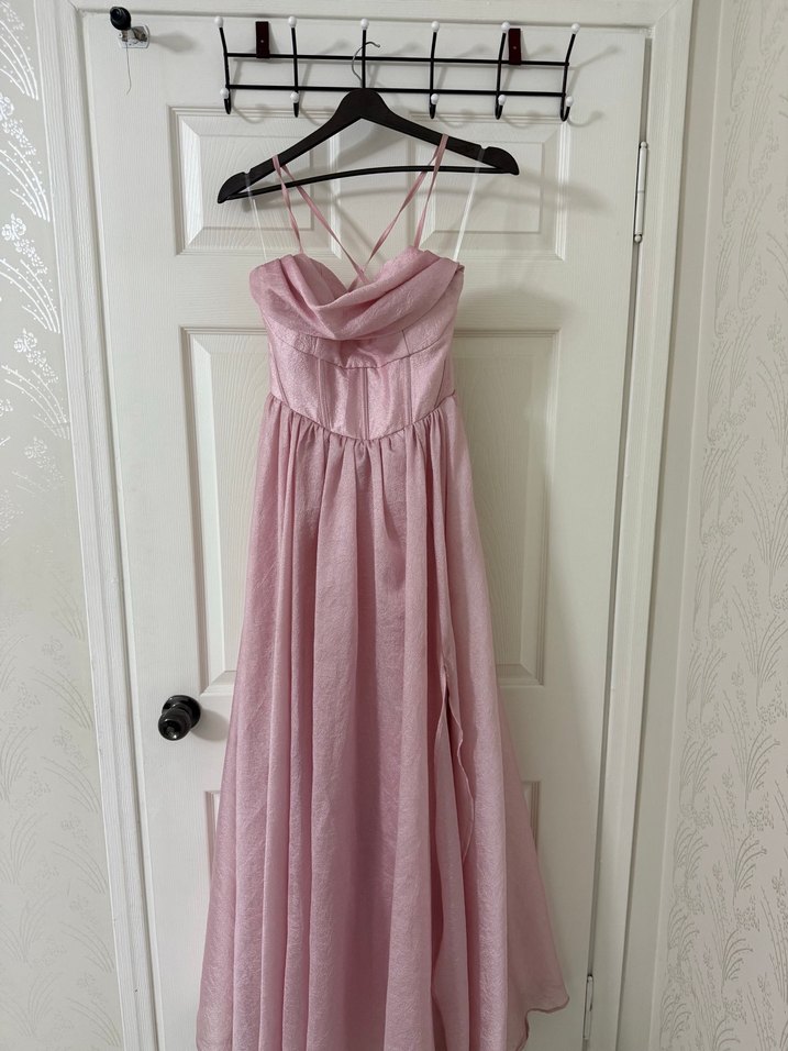 Pudra Pembe Uzun İnce Askılı Sırt Dekolteli Yırtmaçlı Abiye - Görsel 2