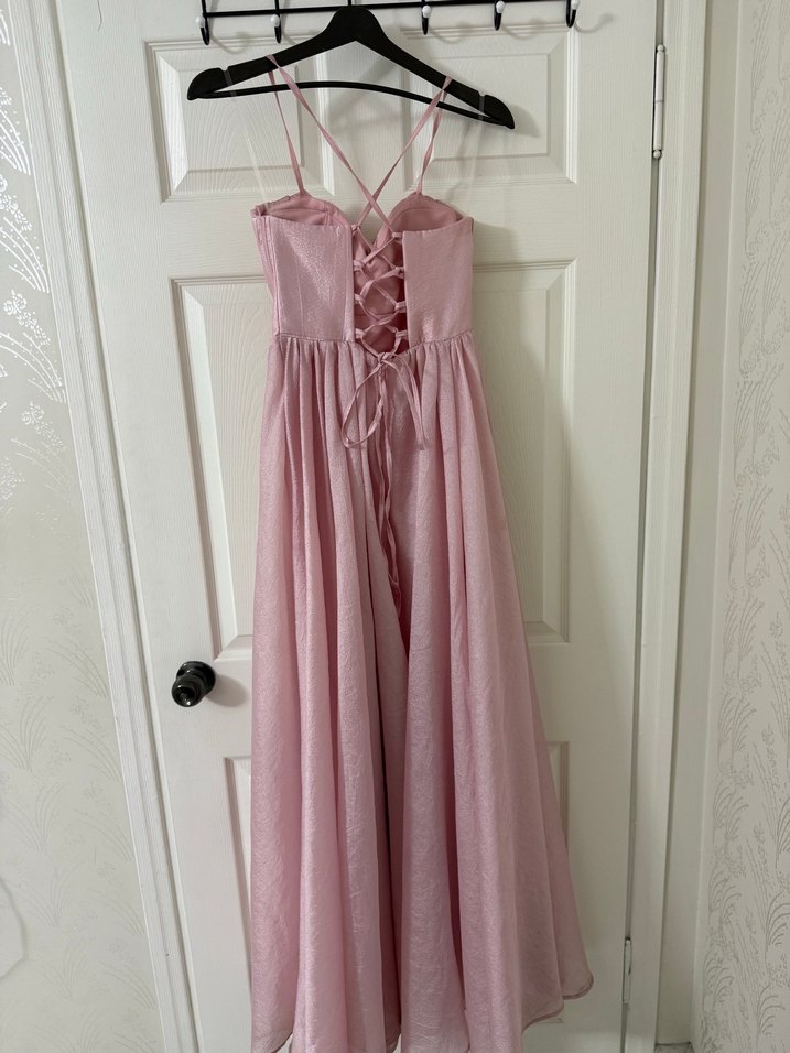 Pudra Pembe Uzun İnce Askılı Sırt Dekolteli Yırtmaçlı Abiye - Görsel 4