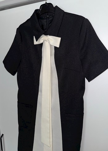 Kısa Kollu Midi Ofis Elbisesi Beyaz Fiyonk Detaylı - Görsel 2