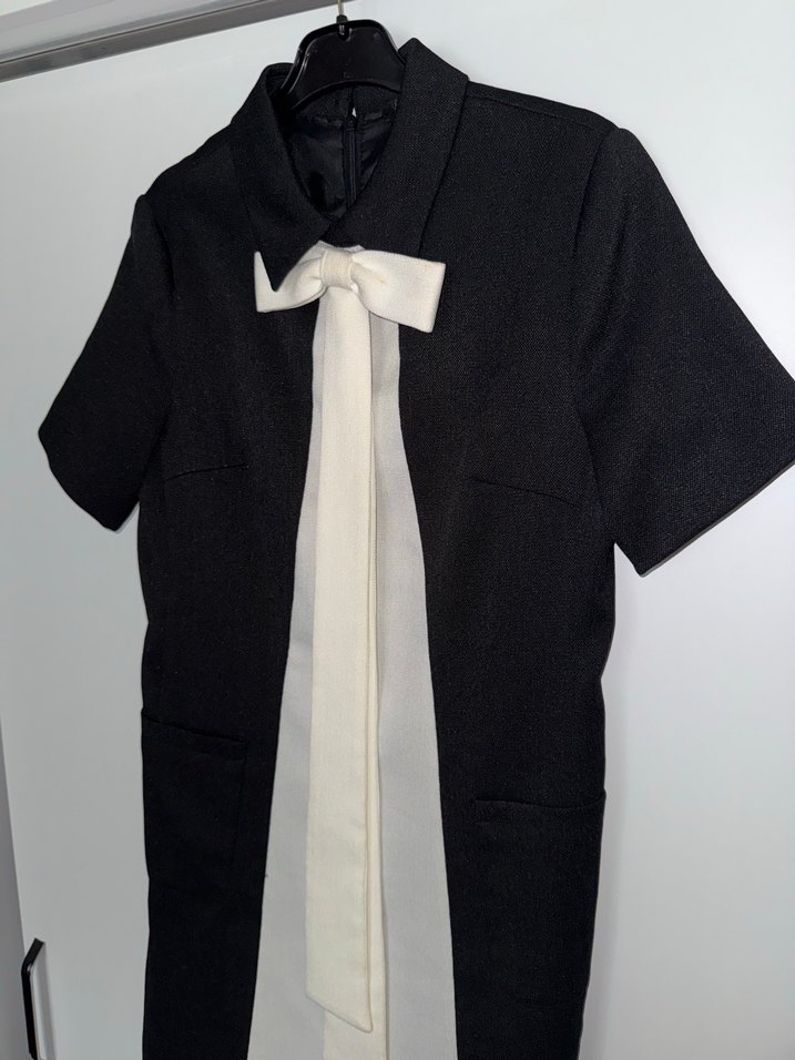 Kısa Kollu Midi Ofis Elbisesi Beyaz Fiyonk Detaylı - Görsel 2