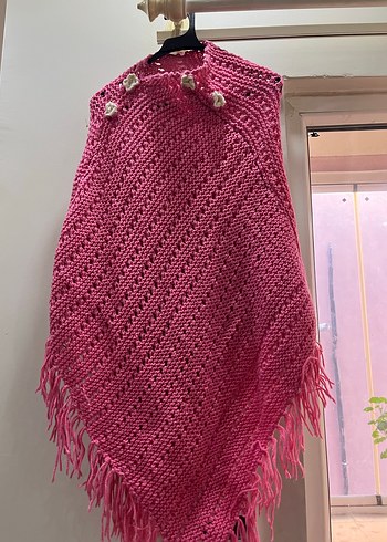 Kız Çocuk Pembe Örgü Bohem Panço - Görsel 3