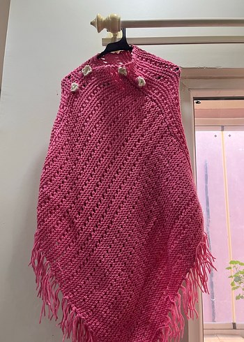 Kız Çocuk Pembe Örgü Bohem Panço - Görsel 2