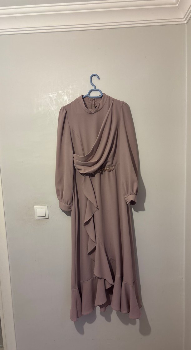 Bej Drapeli Uzun Kadın Elbise - Görsel 3