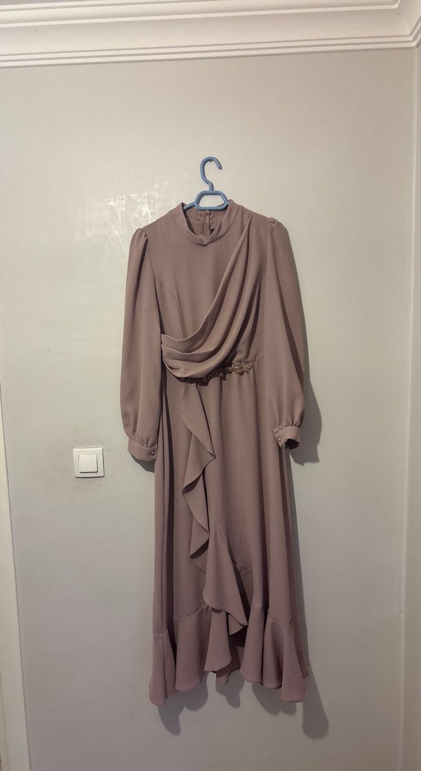 Bej Drapeli Uzun Kadın Elbise - Görsel 2