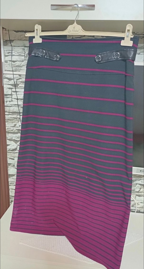 Kadın Mor Çizgili Pilili Uzun Etek - Görsel 5