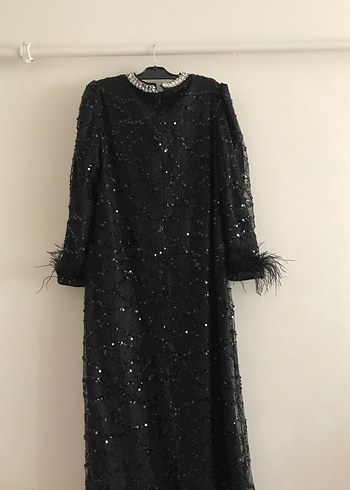 Siyah Uzun Kollu Kürklü Abiye Elbise - Görsel 6