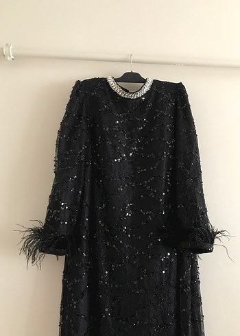 Siyah Uzun Kollu Kürklü Abiye Elbise - Görsel 5