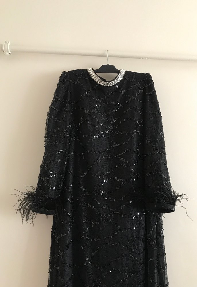 Siyah Uzun Kollu Kürklü Abiye Elbise - Görsel 5