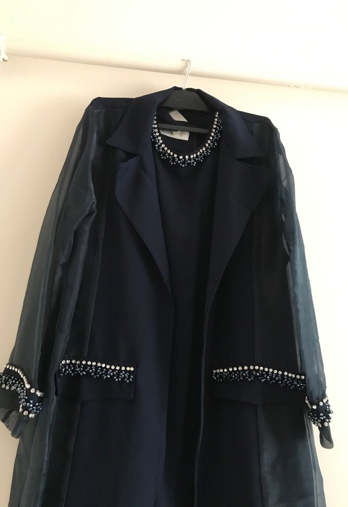 Uzun Lacivert taş detaylı abiye ikili takım - Görsel 2