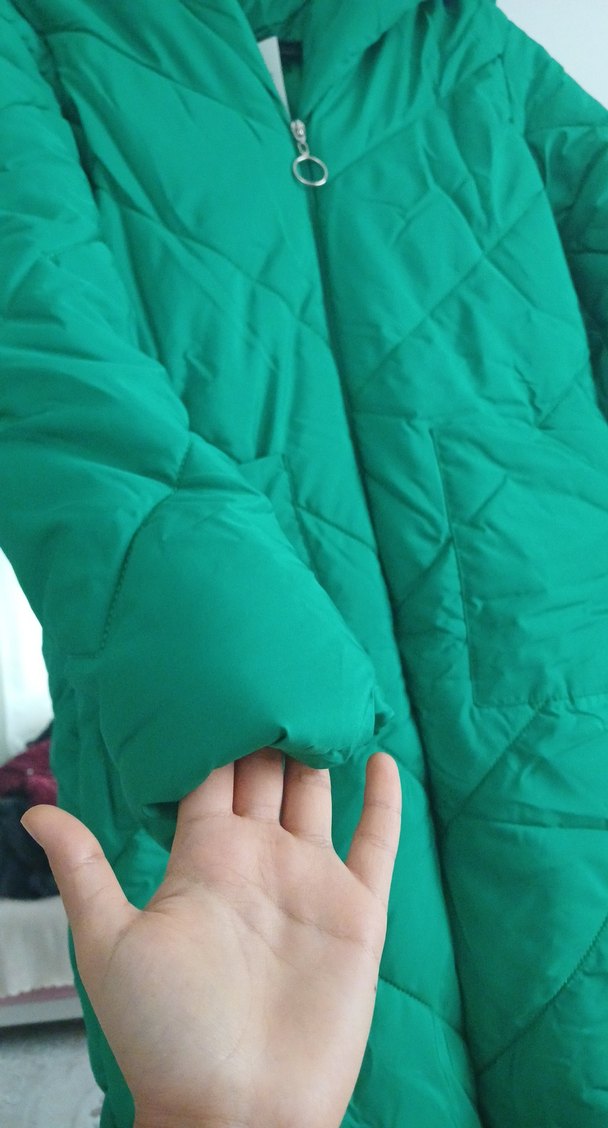 Uzun Yeşil Fermuarlı Kadın Kışlık Mont - Görsel 2