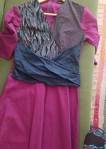 Fuşya - lacivert Drapeli elbise - Görsel 2