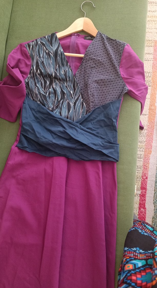 Fuşya - lacivert Drapeli elbise - Görsel 2