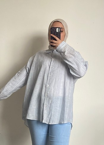 Mavi pamuklu Keten Gömlek 38/40 beden uyumludur - Görsel 3