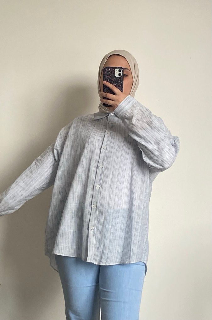 Mavi pamuklu Keten Gömlek 38/40 beden uyumludur - Görsel 3