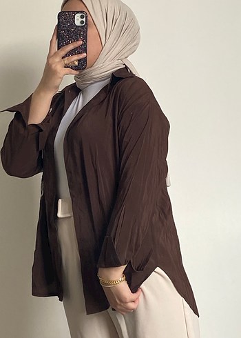 Kahverengi Salaş Midi Kadın gömlek - Görsel 2