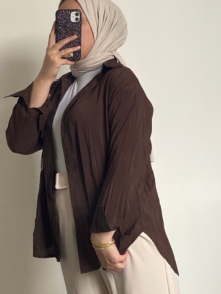 Kahverengi Salaş Midi Kadın gömlek - Görsel 2