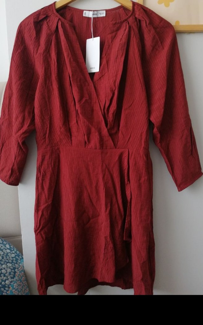 Mango Bordo Drapeli V Yakalı Mini Elbise - Görsel 2