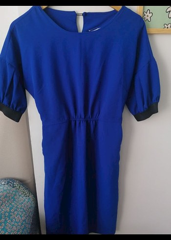 Lacivert balon kol Midi Kadın Elbise - Görsel 2