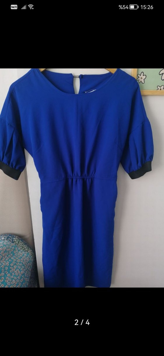 Lacivert balon kol Midi Kadın Elbise - Görsel 2