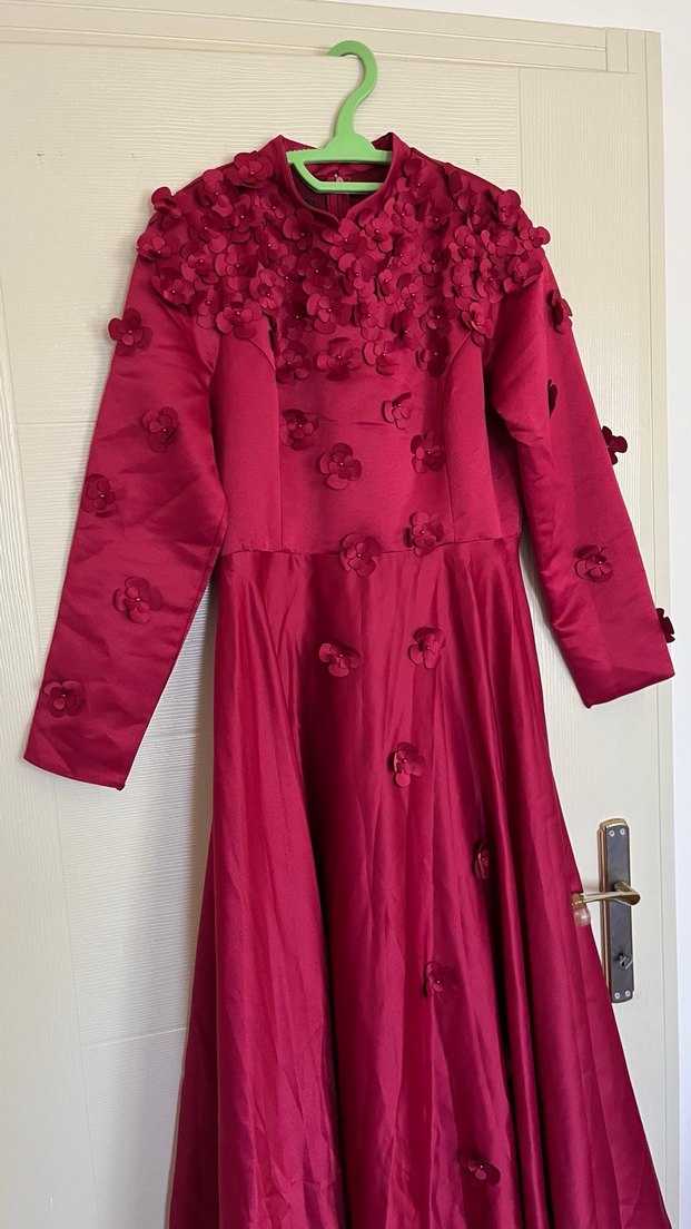 Bordo Uzun Kollu Vintage Gelinlik Elbise - Görsel 5