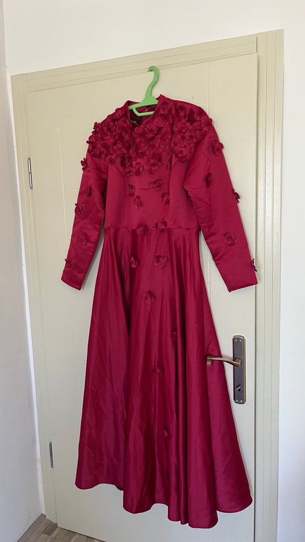 Bordo Uzun Kollu Vintage Gelinlik Elbise - Görsel 2