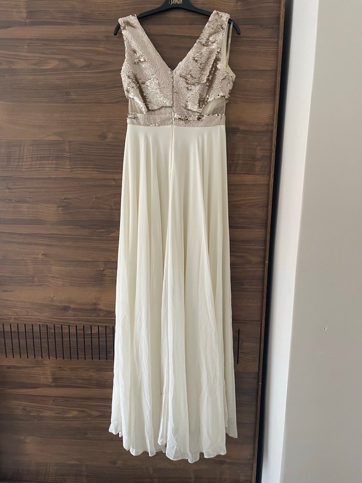 Bej V Yakalı Uzun Abiye Elbise - Görsel 3