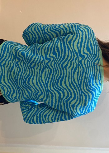 Mavi Zebra Desenli Uzun Kollu Kadın Kazak - Görsel 2