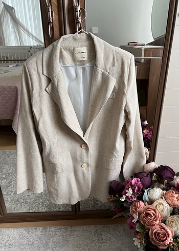 Bej Keten Kadın Blazer Ceket