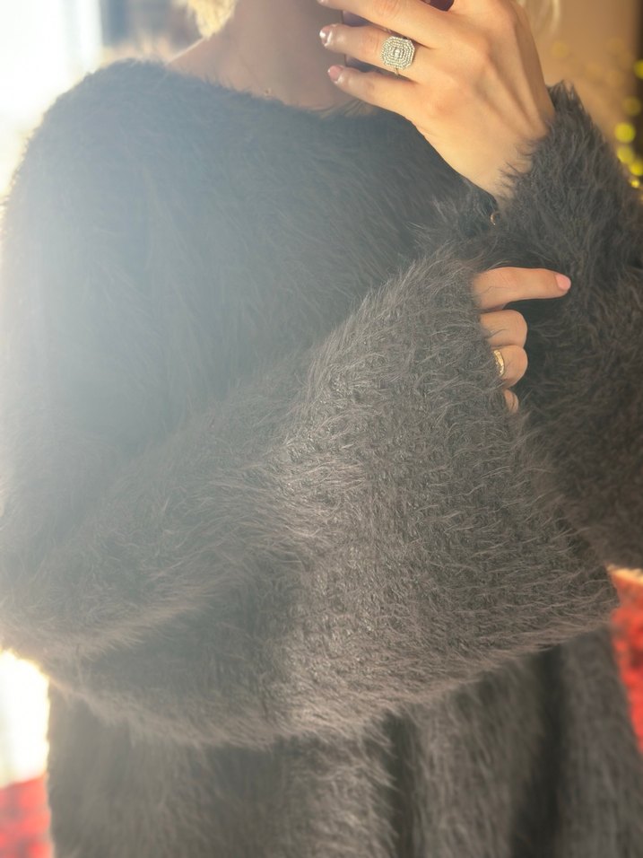 Gri Tüylü Salaş Triko Kazak - Görsel 2