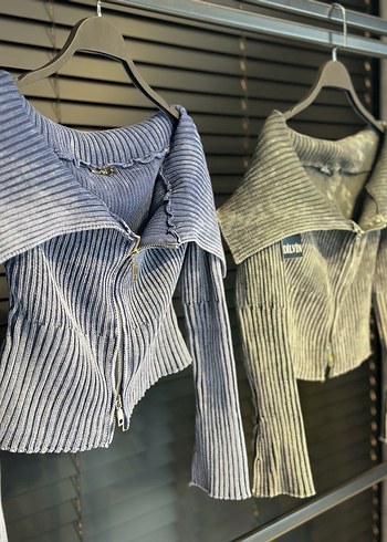 Kadın Triko Denim Fermuarlı Kazak - Görsel 3