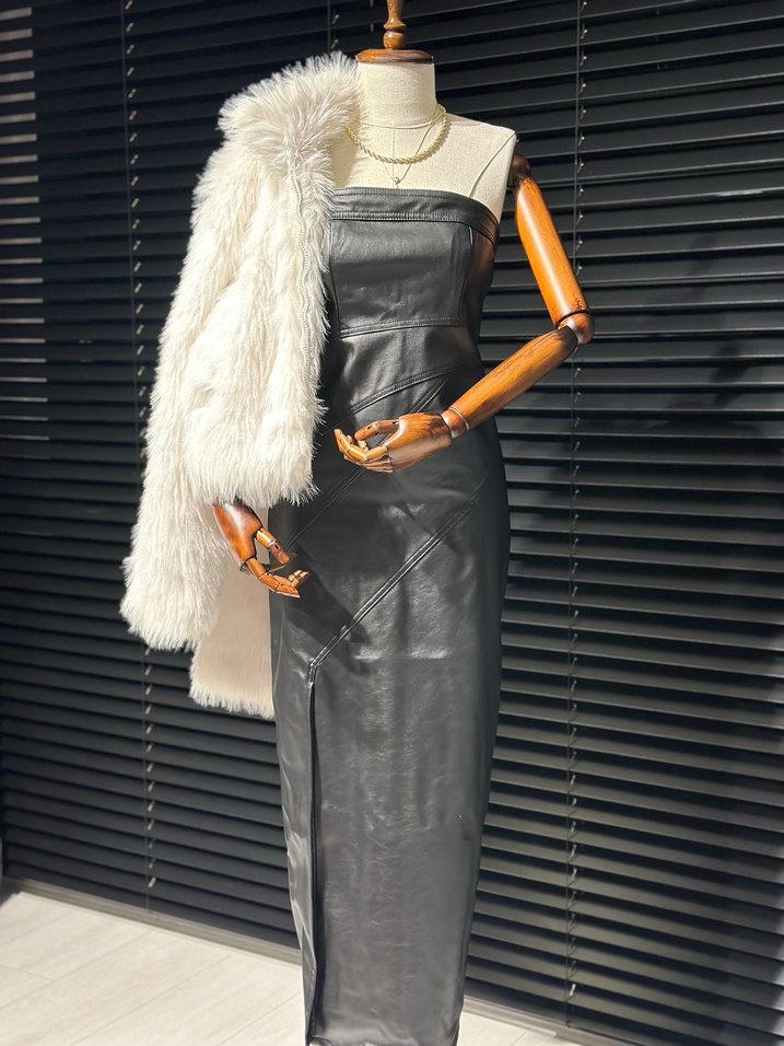 Siyah Deri Straplez Uzun Kadın Elbise - Görsel 2