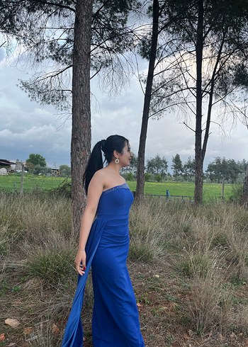 Mavi Drapeli Uzun Straplez Kadın Elbise - Görsel 2