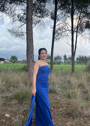 Mavi Drapeli Uzun Straplez Kadın Elbise - Görsel 3