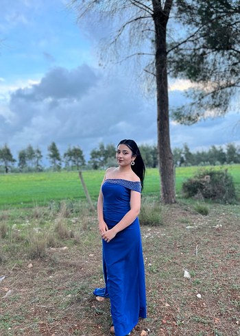 Mavi Drapeli Uzun Straplez Kadın Elbise - Görsel 4