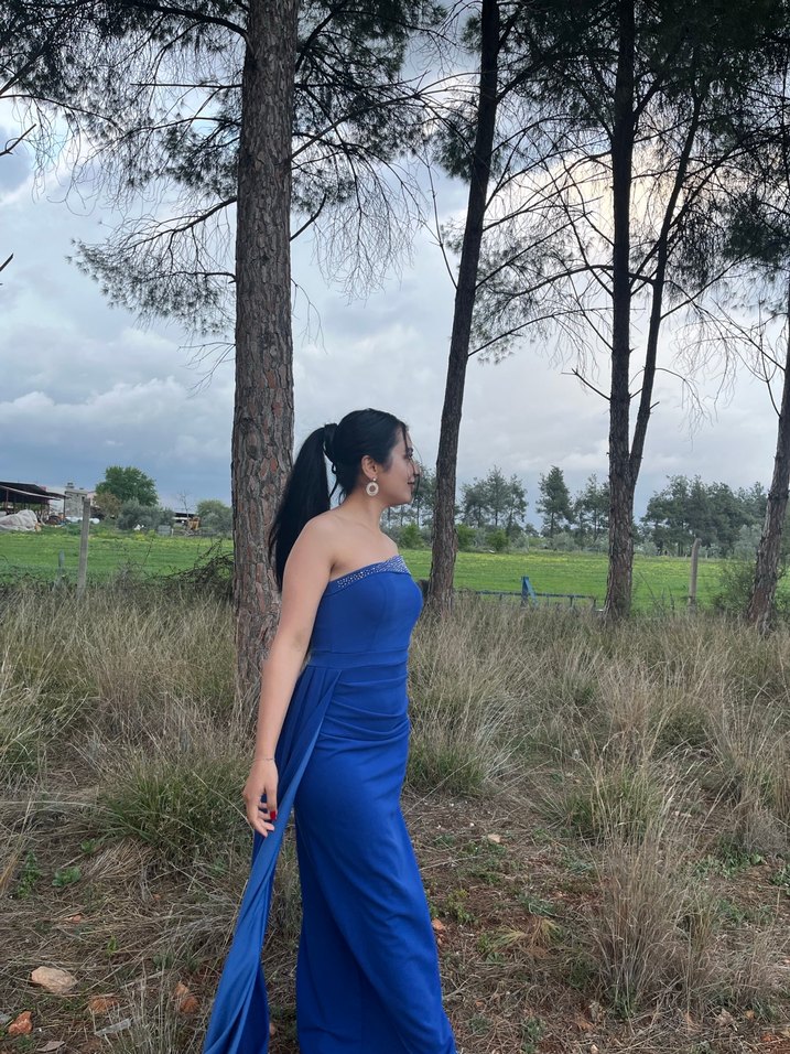 Mavi Drapeli Uzun Straplez Kadın Elbise - Görsel 2