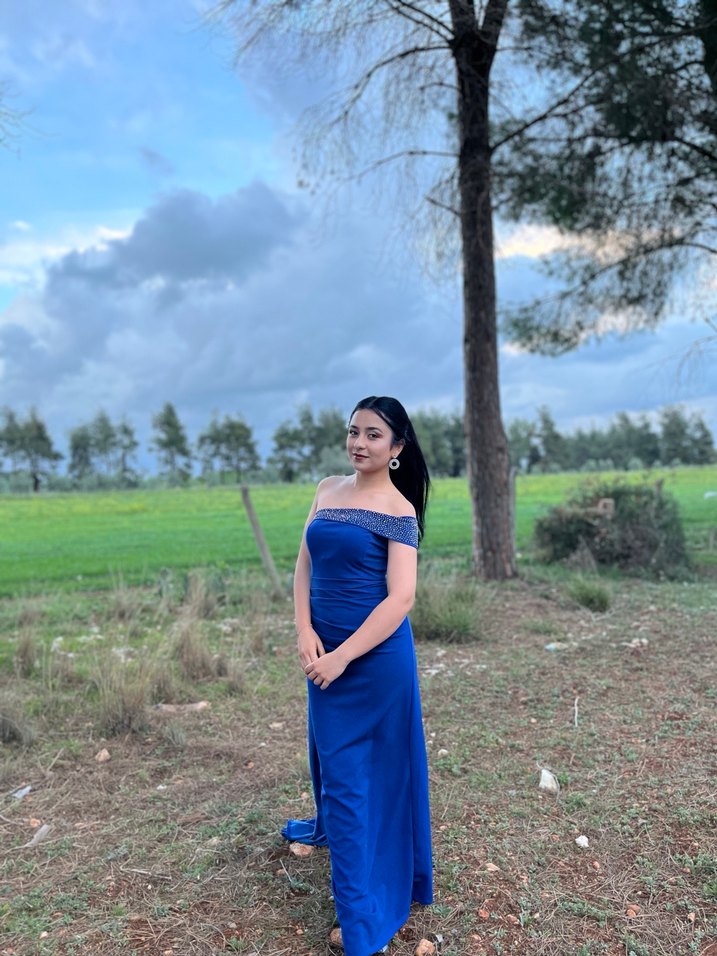 Mavi Drapeli Uzun Straplez Kadın Elbise - Görsel 4