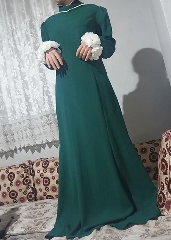 Yeşil Uzun Kollu Drapeli Tesettür Elbise - Görsel 2