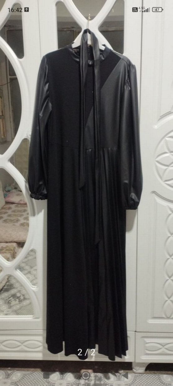 Siyah Deri Pilili Uzun Kadın Elbise - Görsel 2