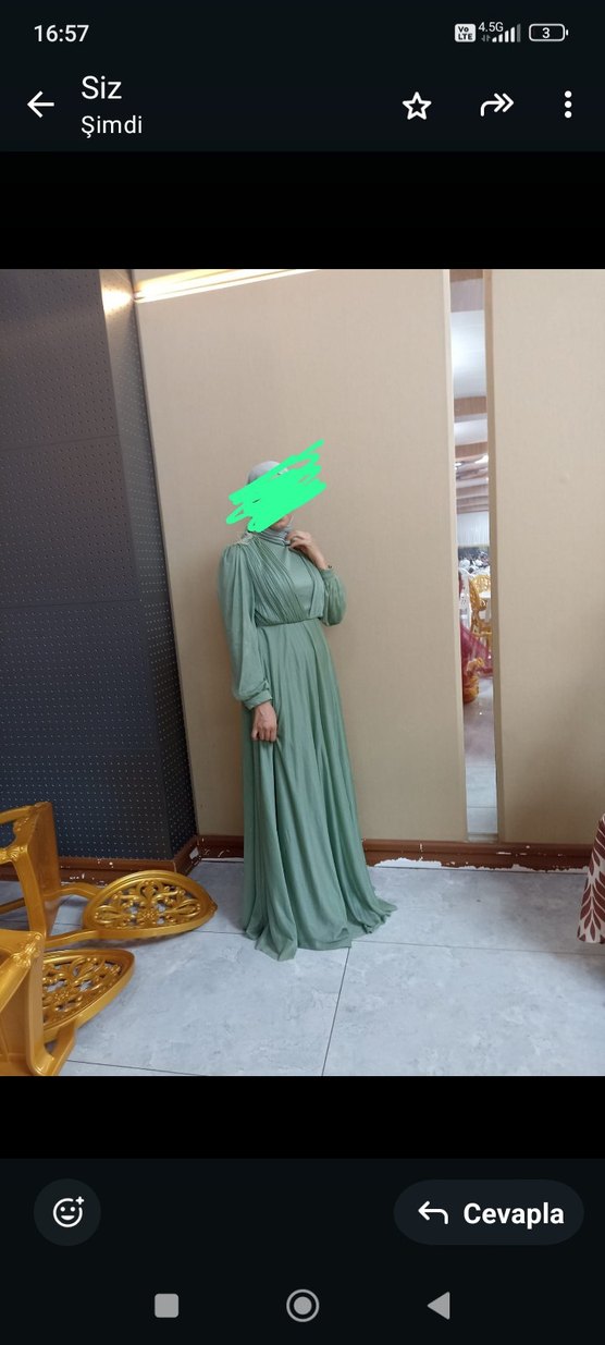 Uzun Kollu Yeşil Bohem Salaş Elbise - Görsel 2