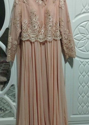 Bej Dantel Detaylı Uzun Kadın Abiye Elbise - Görsel 3