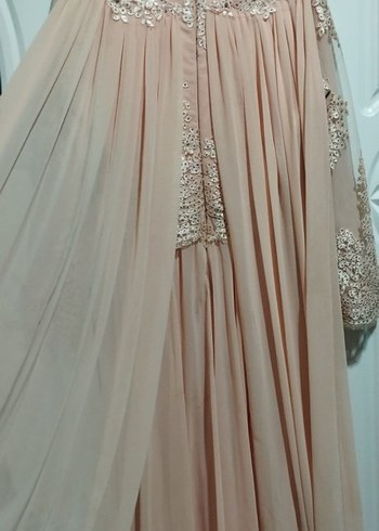 Bej Dantel Detaylı Uzun Kadın Abiye Elbise - Görsel 2