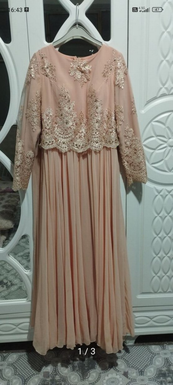 Bej Dantel Detaylı Uzun Kadın Abiye Elbise - Görsel 3