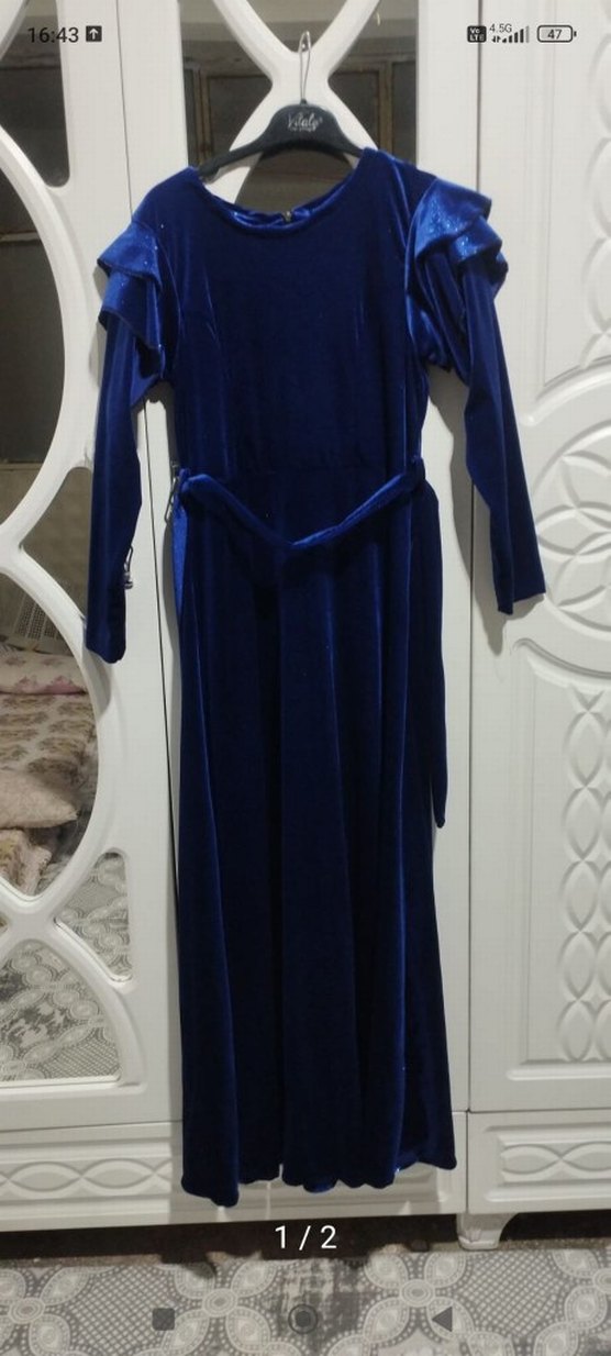 Uzun Kollu Koyu Mavi Kadın Elbise - Görsel 2