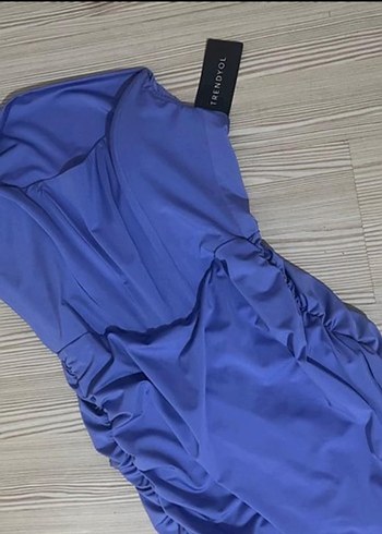 Mavi Drapeli Straplez  Abiye Elbise - Görsel 3