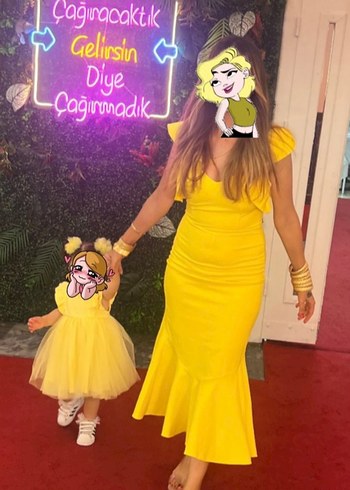 Sarı Uzun Drapeli Kadın Abiye Elbise - Görsel 2