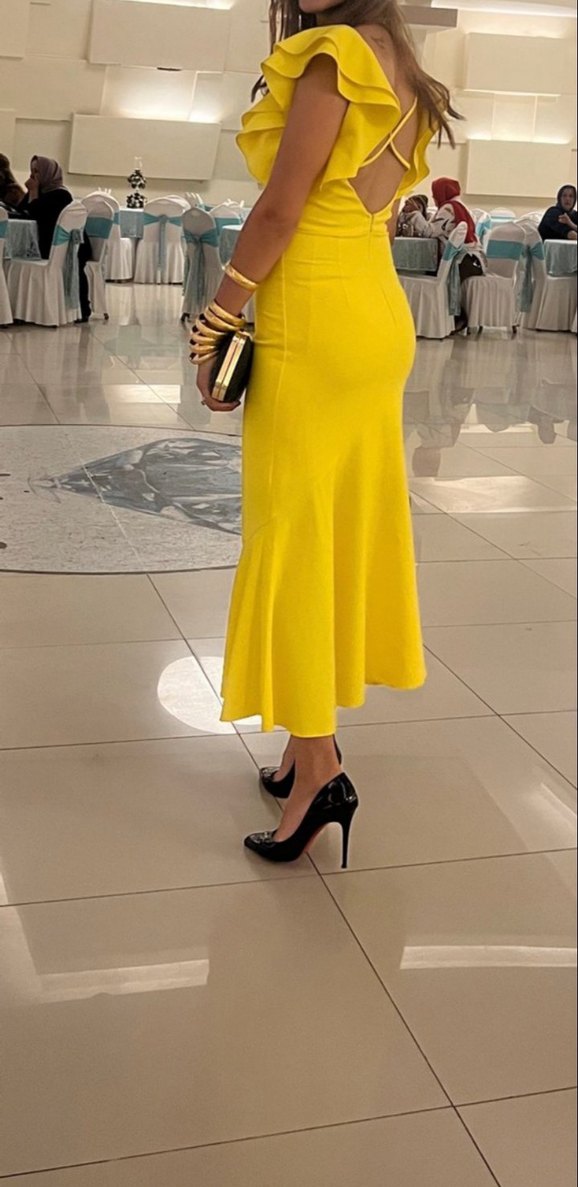 Sarı Uzun Drapeli Kadın Abiye Elbise - Görsel 3