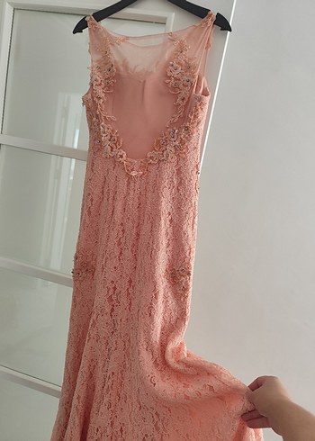 İşlemeli Dantel Somon Uzun Abiye Elbise - Görsel 7