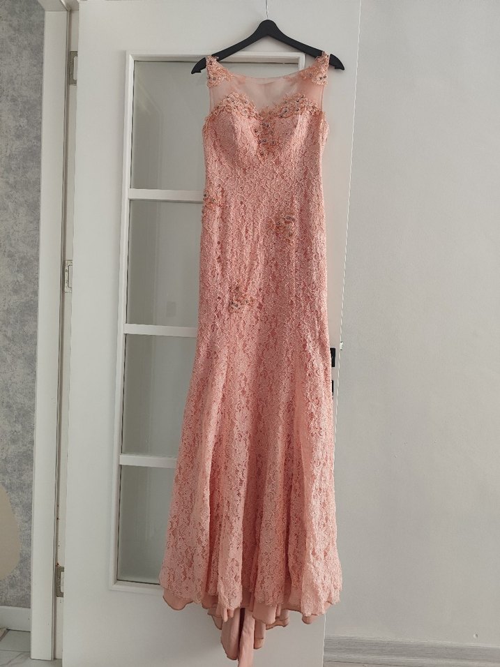 İşlemeli Dantel Somon Uzun Abiye Elbise - Görsel 3