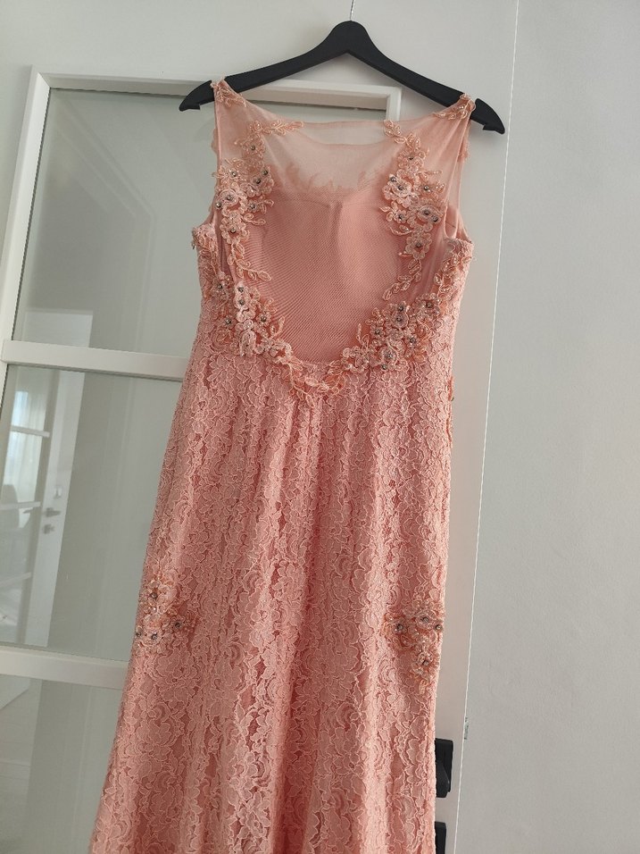 İşlemeli Dantel Somon Uzun Abiye Elbise - Görsel 2